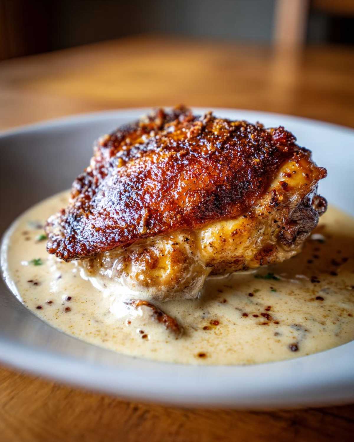A perfectly cooked chicken thigh with crispy, dark brown skin resting in a pool of creamy garlic sauce.