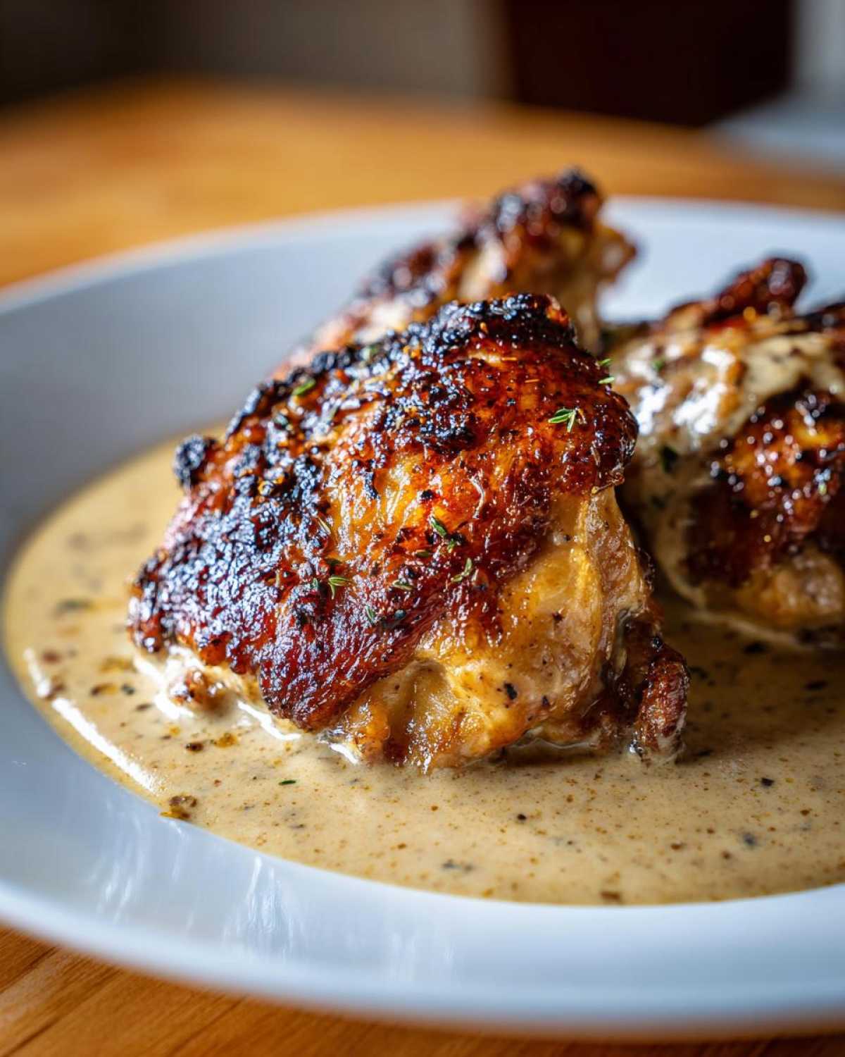 Close-up of perfectly seared Creamy Garlic Chicken Thighs with crispy skin resting in a rich garlic cream sauce.