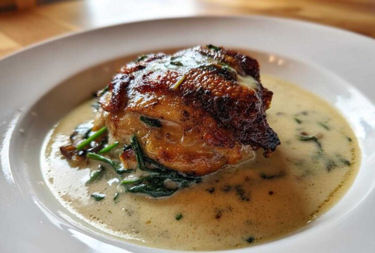A perfectly cooked piece of Creamy Garlic Chicken Thighs with crispy skin resting in a pool of creamy garlic sauce with spinach.