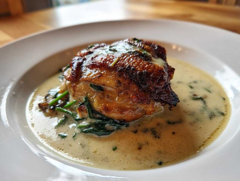 A perfectly cooked piece of Creamy Garlic Chicken Thighs with crispy skin resting in a pool of creamy garlic sauce with spinach.