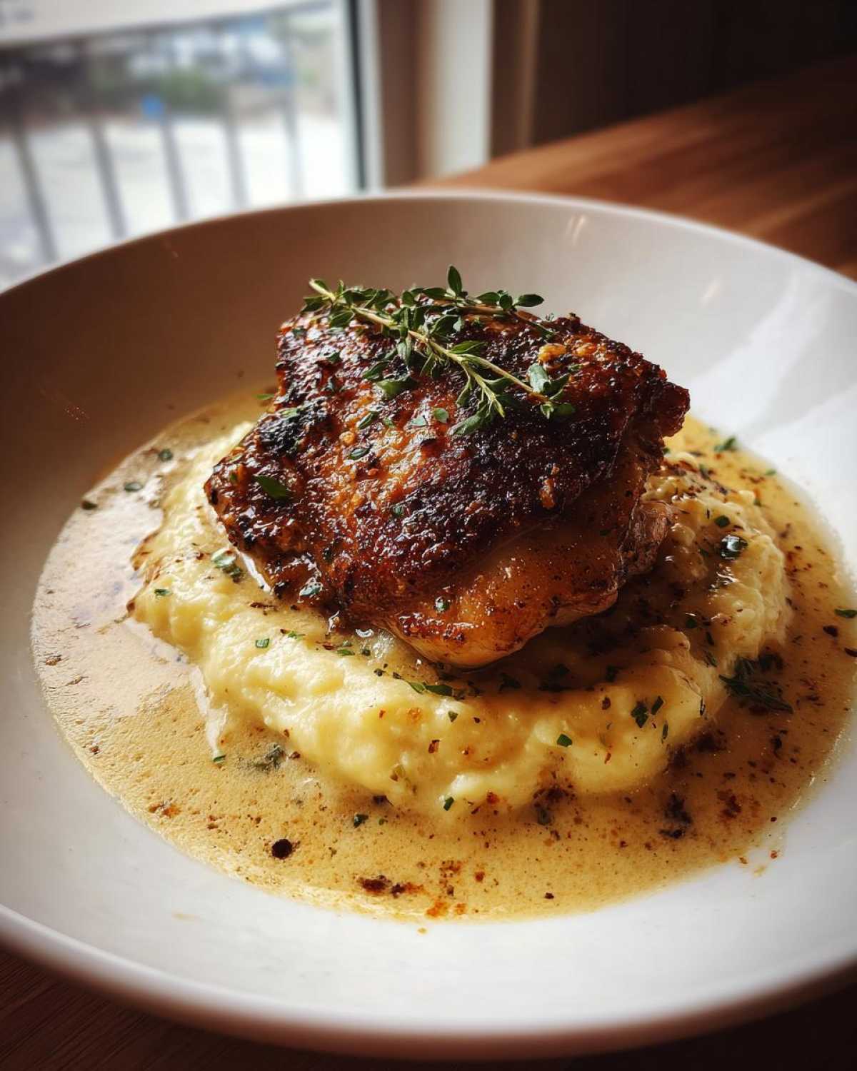 A perfectly cooked Creamy Garlic Chicken Thighs with crispy skin served over mashed potatoes and rich garlic sauce.