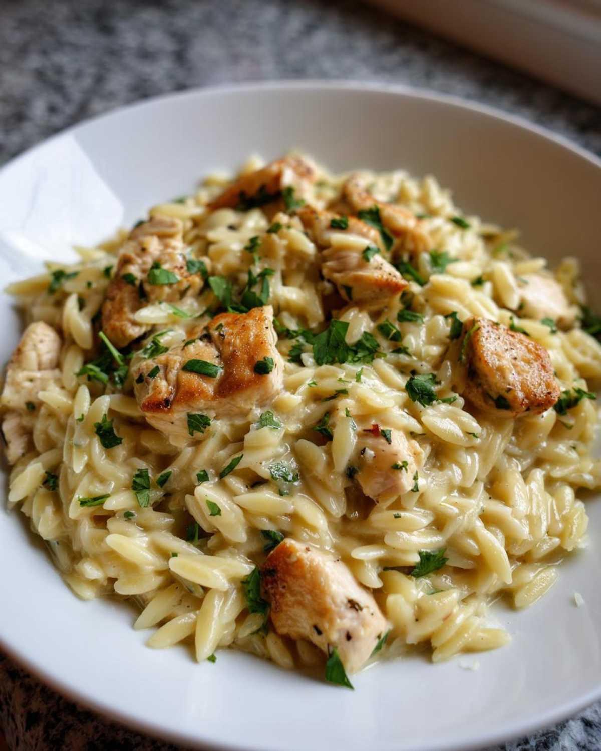 Close-up of a white bowl filled with Creamy Garlic Parmesan Orzo with Chicken, topped with fresh parsley.