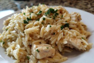 Close-up of a serving of Creamy Garlic Parmesan Orzo with Chicken, garnished with parsley.