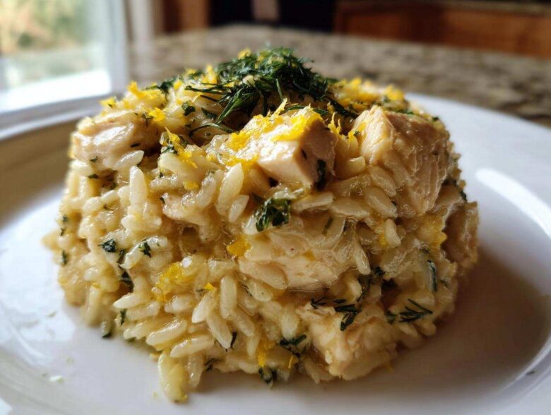 A mound of creamy Lemon Chicken Orzo with chunks of chicken, topped with lemon zest and fresh dill.