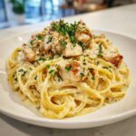A close-up of Creamy Lemon Chicken Pasta tossed in a rich sauce and topped with diced chicken and fresh parsley.