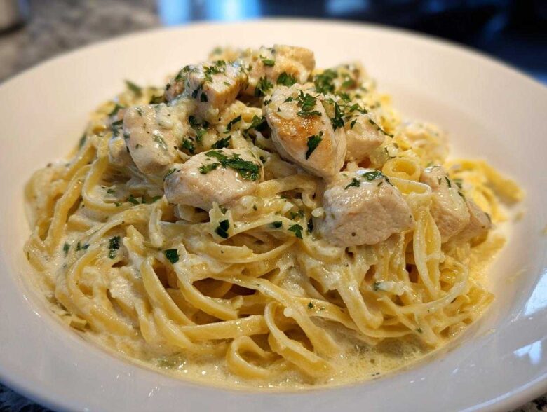 Close-up of Creamy Lemon Chicken Pasta with fettuccine noodles, chunks of chicken, and fresh parsley garnish.