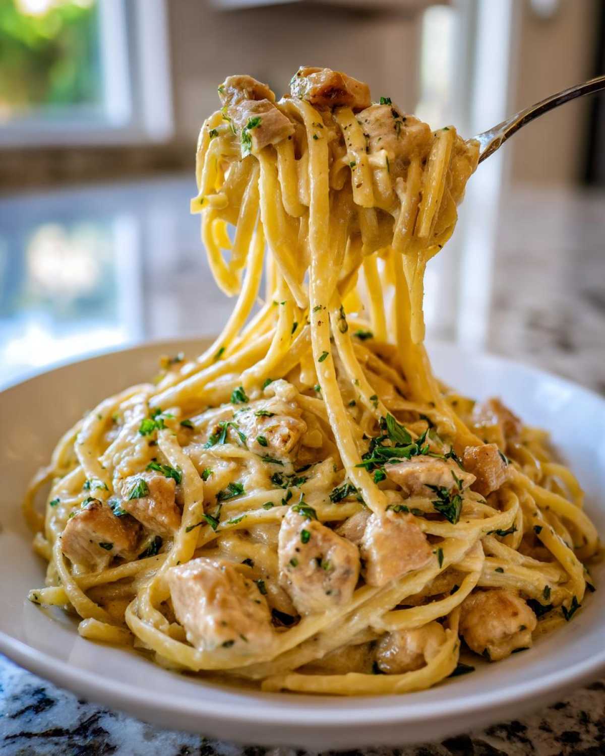 A fork lifting strands of Creamy Lemon Chicken Pasta from a white bowl, showing chunks of chicken and parsley garnish.