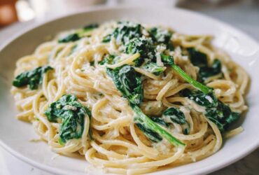 A close-up of Creamy Lemon Ricotta Pasta with Spinach tossed in a white bowl, topped with grated cheese.