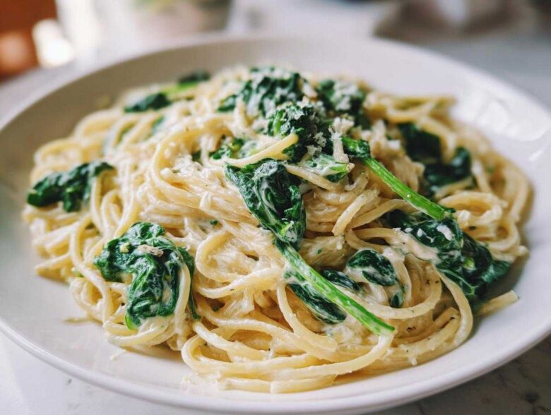 A close-up of Creamy Lemon Ricotta Pasta with Spinach tossed in a white bowl, topped with grated cheese.