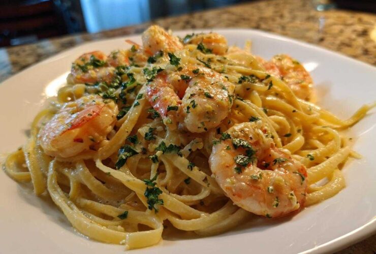 Close-up of Creamy Lemon Shrimp Pasta featuring fettuccine coated in a rich sauce and topped with sautéed shrimp and fresh parsley.