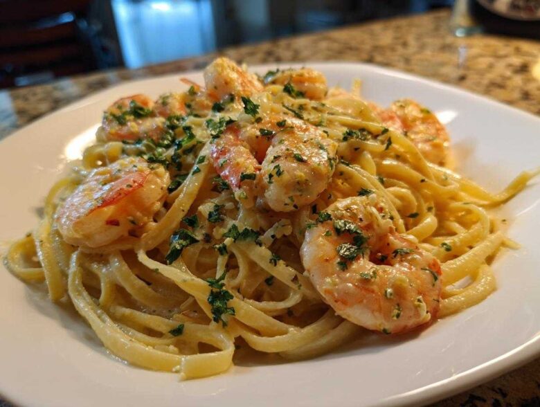 Close-up of Creamy Lemon Shrimp Pasta featuring fettuccine coated in a rich sauce and topped with sautéed shrimp and fresh parsley.