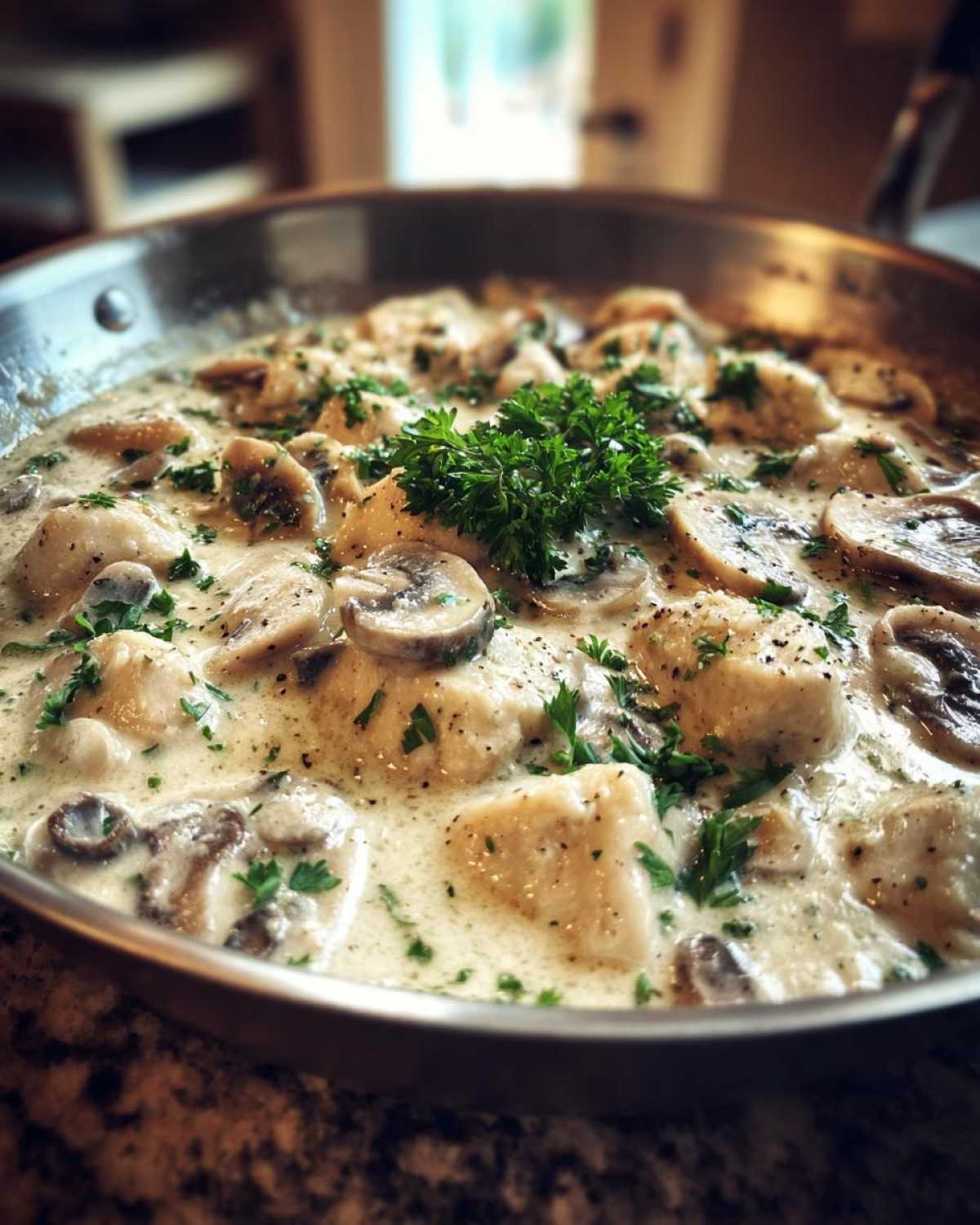 Close-up of tender chicken pieces and sliced mushrooms coated in a rich sauce in the Creamy Mushroom Alfredo Chicken Skillet.