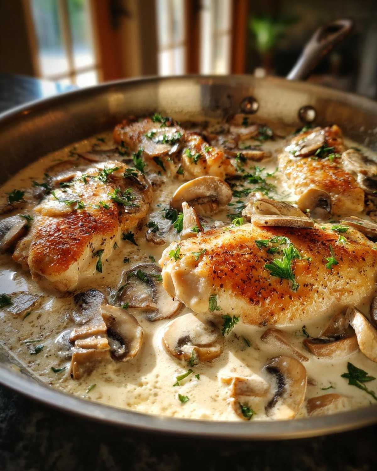 Four golden-brown chicken breasts simmering in a rich, creamy mushroom Alfredo sauce in a stainless steel skillet.