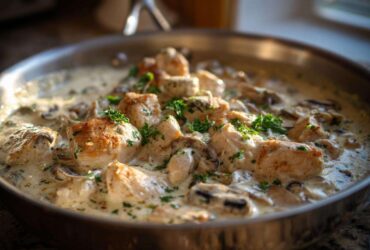 Close-up of seared chicken pieces and mushrooms simmering in a rich sauce in the Creamy Mushroom Alfredo Chicken Skillet.