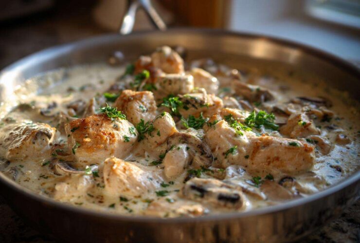 Close-up of seared chicken pieces and mushrooms simmering in a rich sauce in the Creamy Mushroom Alfredo Chicken Skillet.