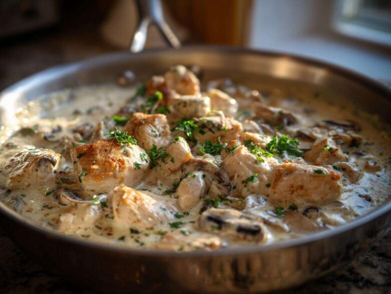 Close-up of seared chicken pieces and mushrooms simmering in a rich sauce in the Creamy Mushroom Alfredo Chicken Skillet.