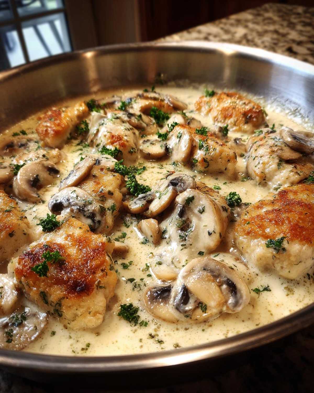 Close-up of seared chicken pieces simmering in a rich, creamy mushroom alfredo sauce in a stainless steel skillet.