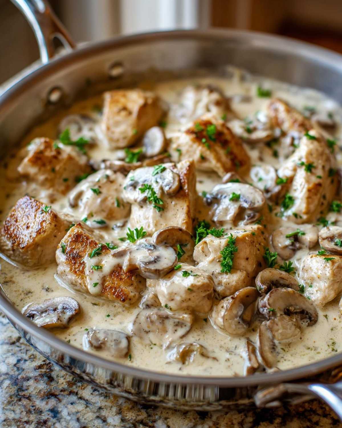 Close-up of seared chicken pieces coated in a rich, creamy mushroom alfredo sauce, garnished with parsley.