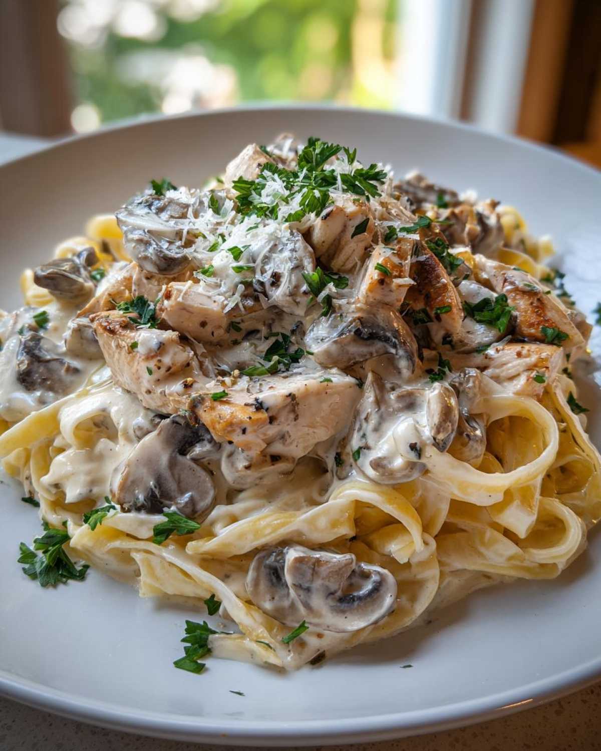 A close-up of a white bowl filled with Creamy Mushroom Chicken Alfredo Pasta, topped with Parmesan and parsley.