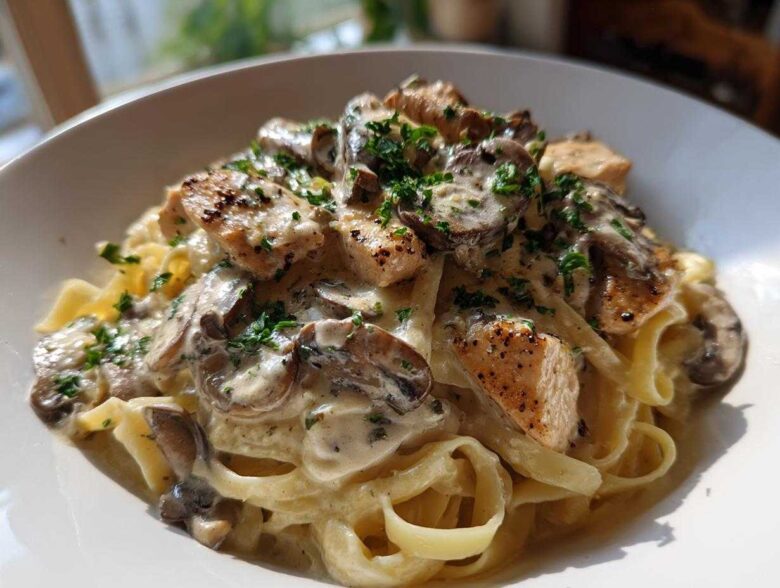 A close-up of a bowl of Creamy Mushroom Chicken Alfredo Pasta featuring fettuccine, seared chicken pieces, and sliced mushrooms in a rich sauce.