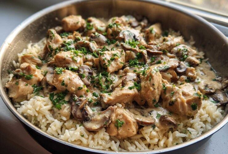 A close-up of Creamy Mushroom Chicken and Rice Skillet served directly in a metal skillet, topped with fresh parsley.