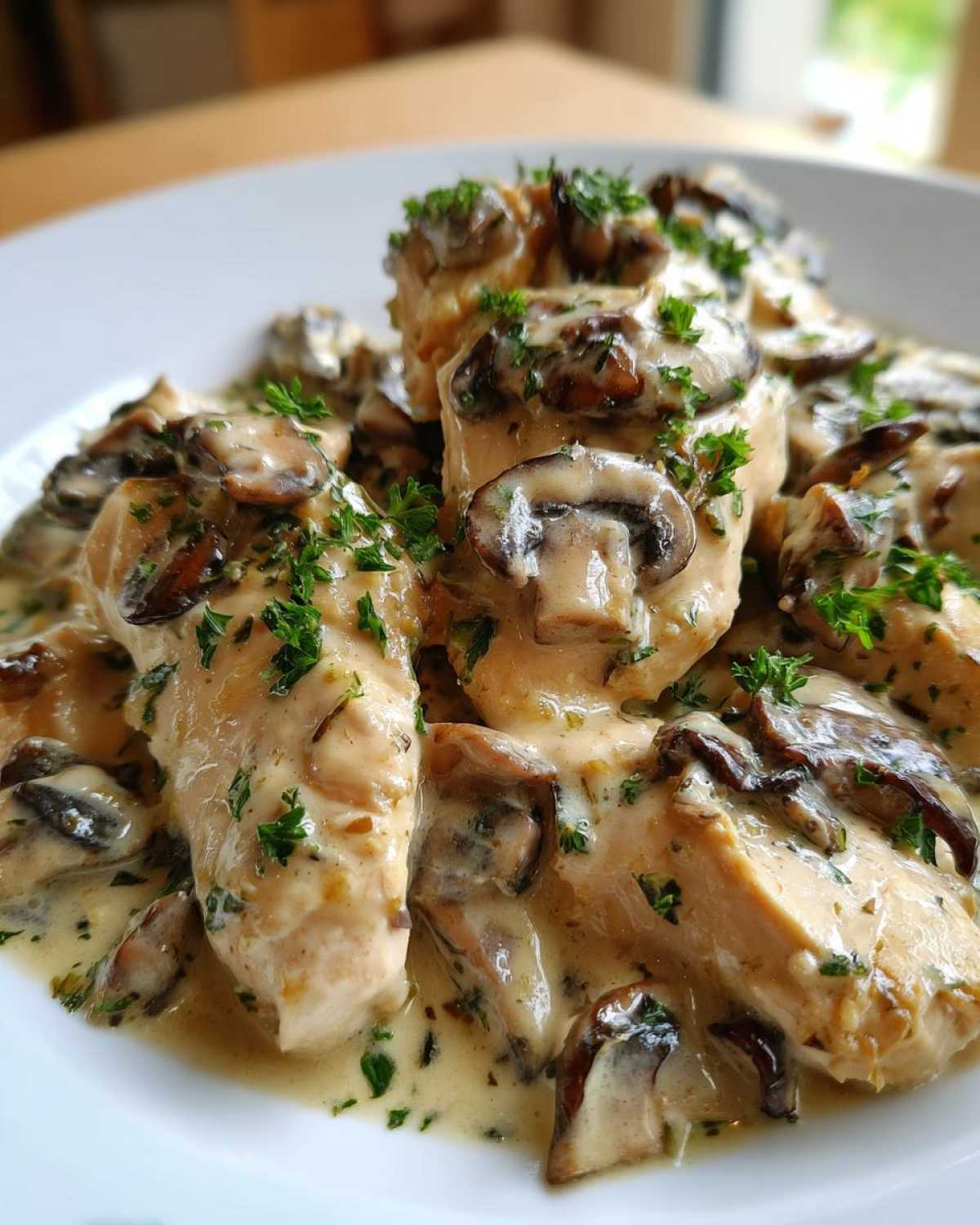 Close-up of tender chicken breasts smothered in a rich, creamy mushroom sauce and garnished with fresh parsley.