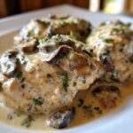 Three pieces of chicken smothered in a rich, creamy mushroom sauce and garnished with fresh parsley, showcasing the Creamy Mushroom Chicken.