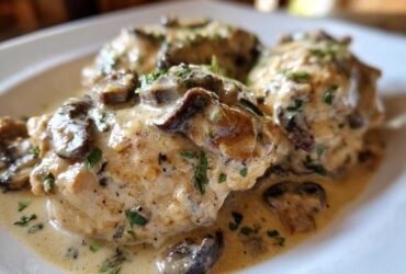 Three pieces of chicken smothered in a rich, creamy mushroom sauce and garnished with fresh parsley, showcasing the Creamy Mushroom Chicken.
