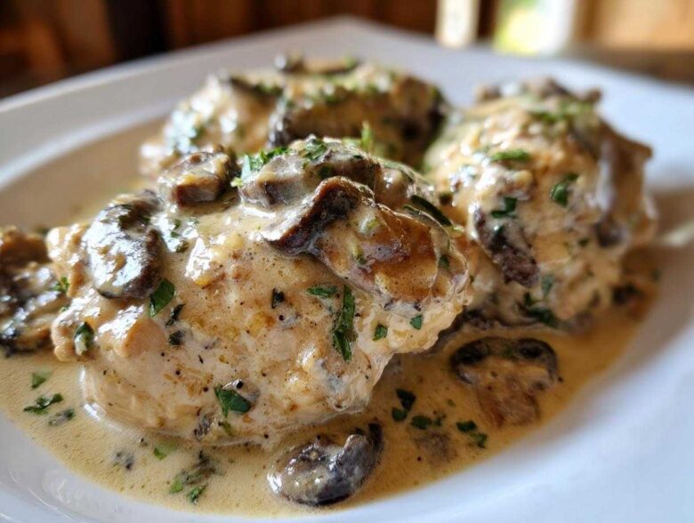Three pieces of chicken smothered in a rich, creamy mushroom sauce and garnished with fresh parsley, showcasing the Creamy Mushroom Chicken.
