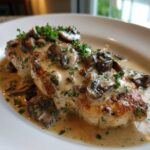 A perfectly seared chicken breast smothered in a rich sauce with sautéed mushrooms and fresh parsley, showcasing the Creamy Mushroom Chicken.