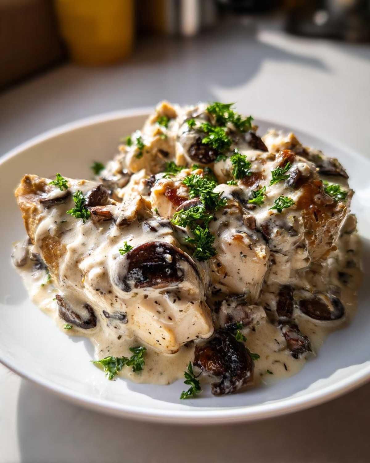 Close-up of tender chicken pieces smothered in a rich, creamy mushroom sauce and garnished with fresh parsley.