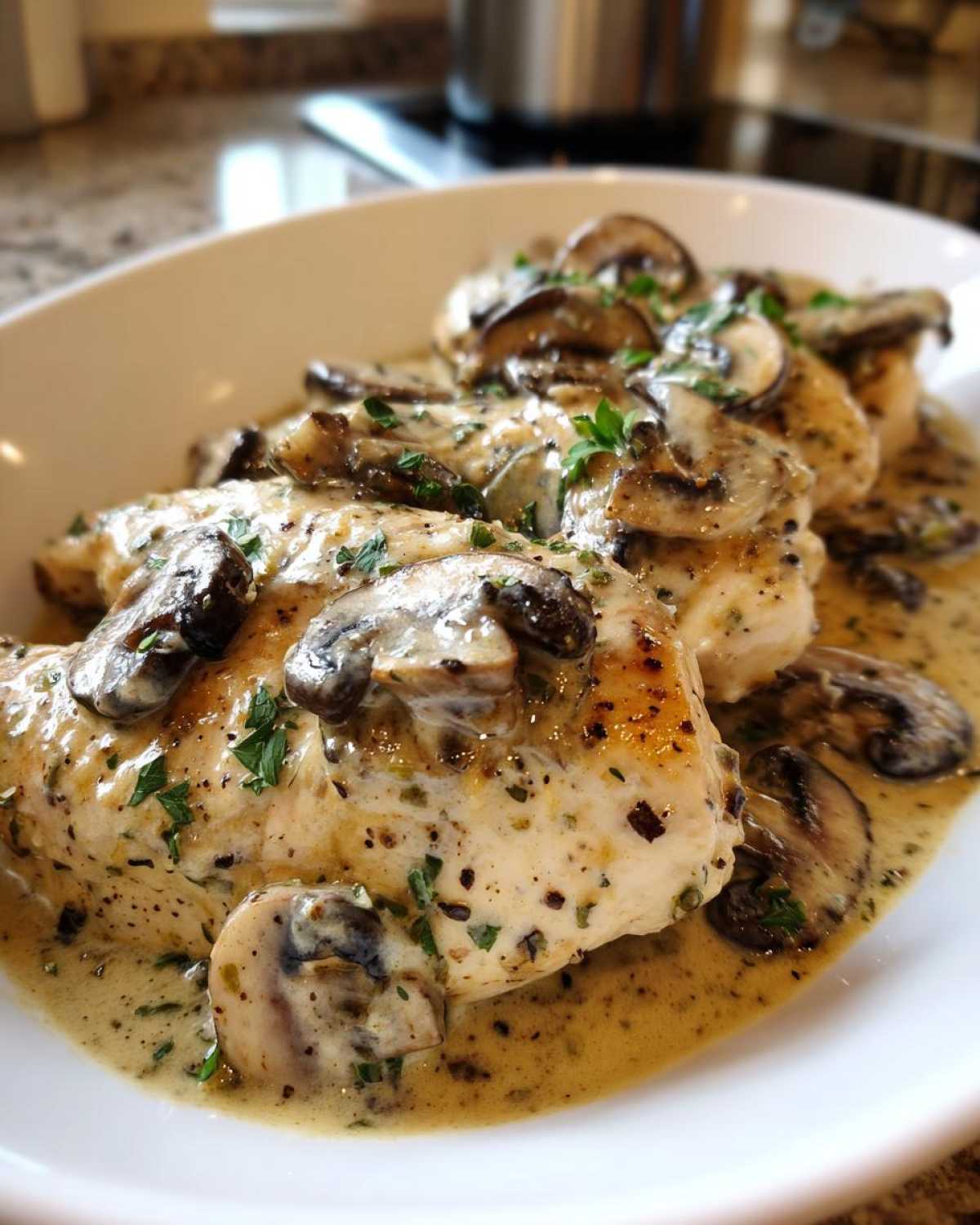 Close-up of seared chicken breasts smothered in a rich sauce with sliced mushrooms and fresh parsley, showcasing Creamy Mushroom Chicken.