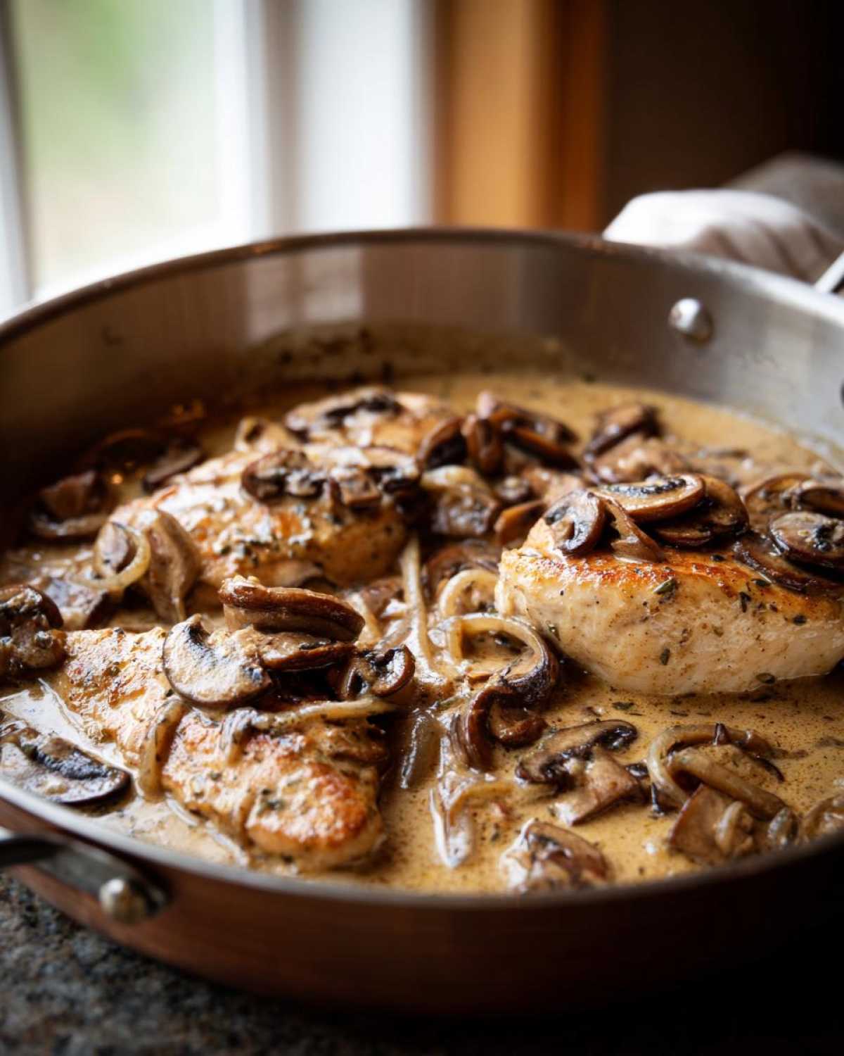Close-up of seared chicken breasts covered in a rich, creamy mushroom sauce in a skillet.