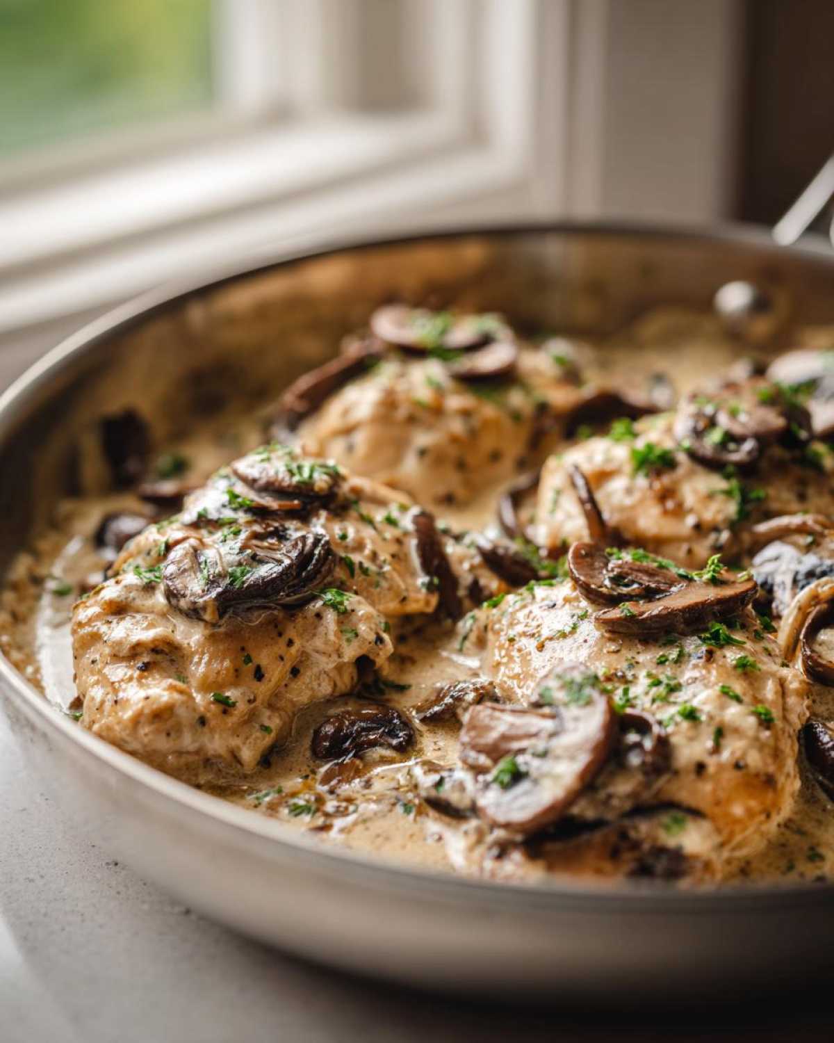 Close-up of seared chicken breasts smothered in a rich, creamy mushroom sauce in a stainless steel skillet.