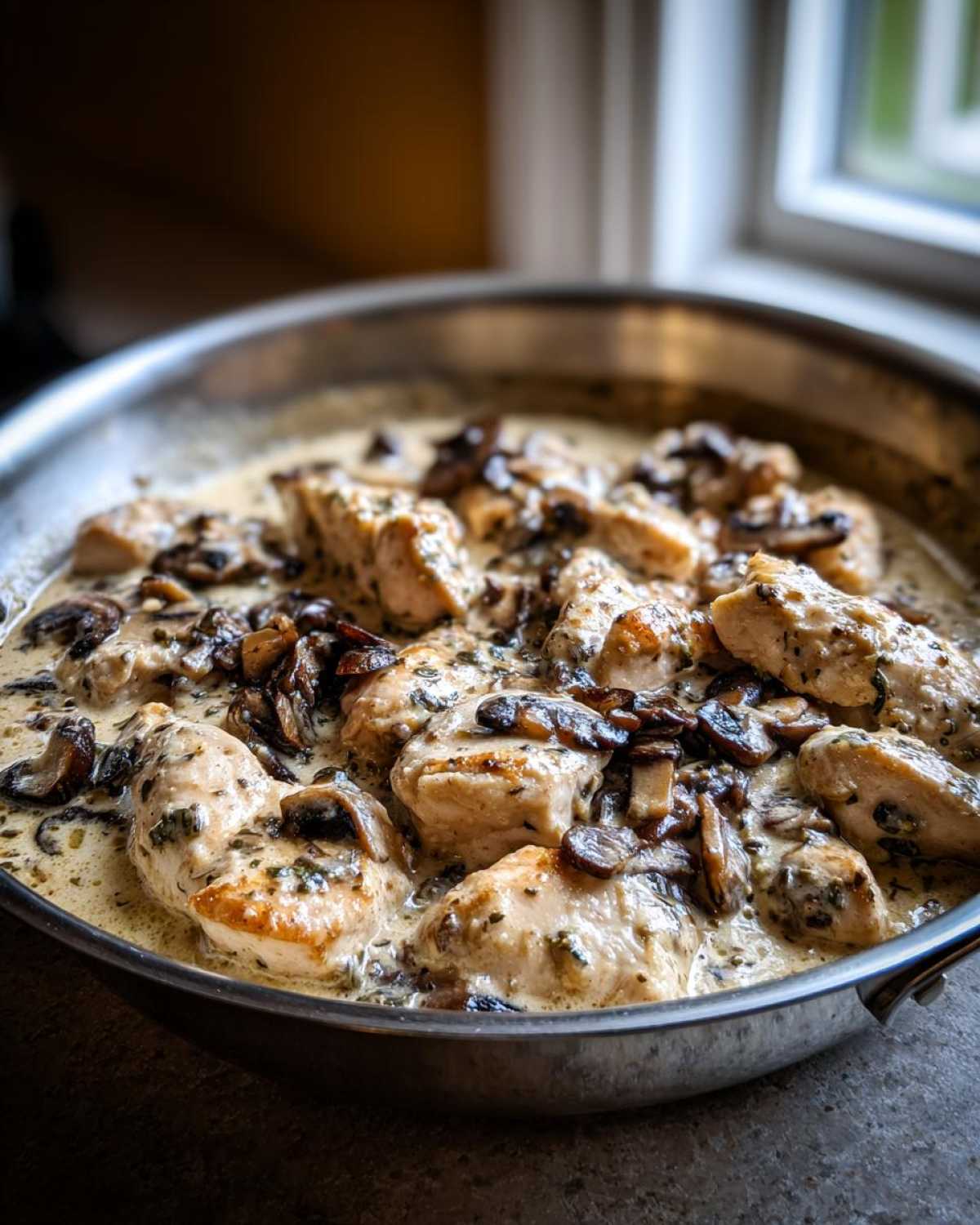 Close-up of seared chicken pieces in a rich, creamy mushroom sauce in a stainless steel skillet.