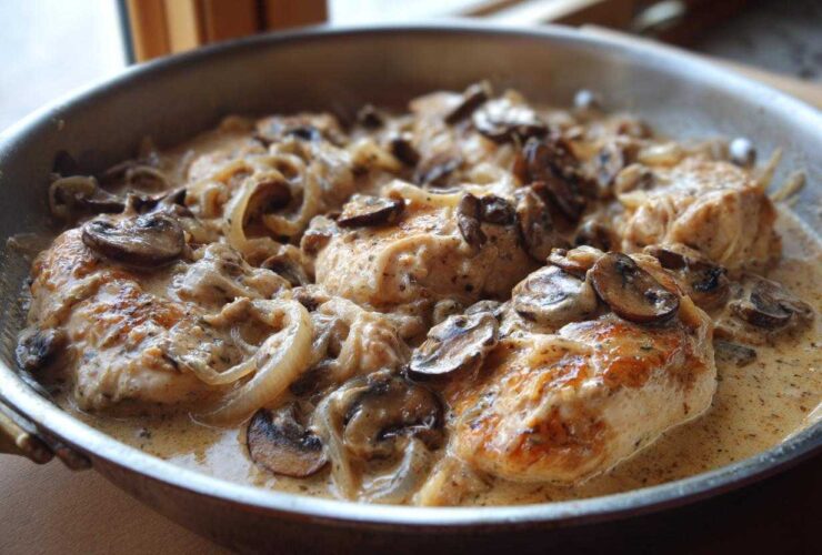 Close-up of seared chicken breasts covered in a rich, creamy mushroom sauce with sliced onions in a skillet.