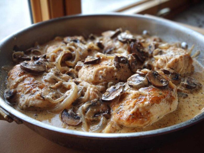 Close-up of seared chicken breasts covered in a rich, creamy mushroom sauce with sliced onions in a skillet.