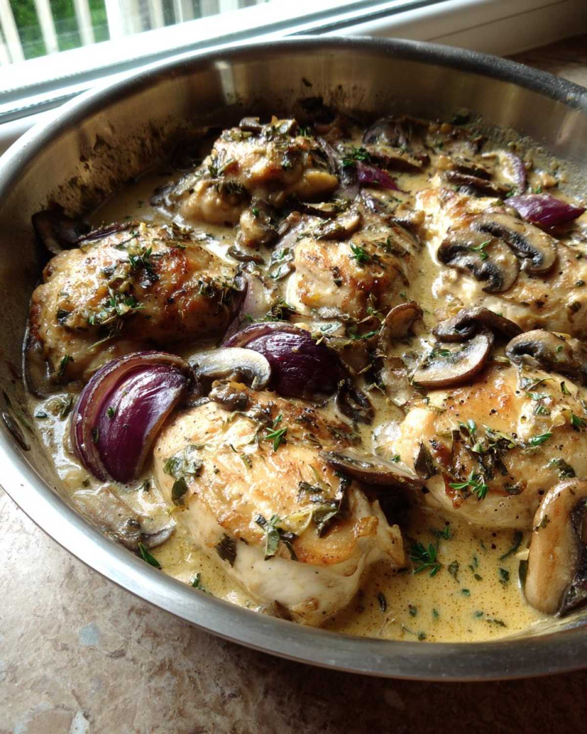 Close-up of seared chicken breasts simmering in a creamy mushroom sauce with red onions in a stainless steel skillet.