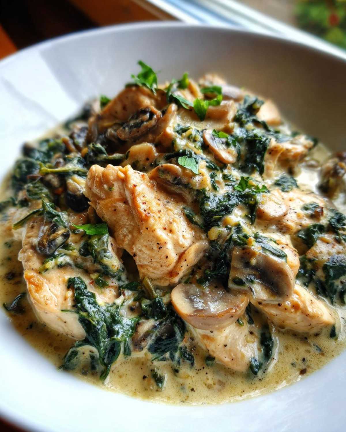 Close-up of tender chicken pieces coated in a creamy sauce with sautéed mushrooms and spinach, part of the Creamy Mushroom and Spinach Chicken Skillet.