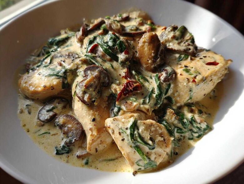 Close-up of chicken breasts smothered in a creamy mushroom and spinach sauce in a white bowl.