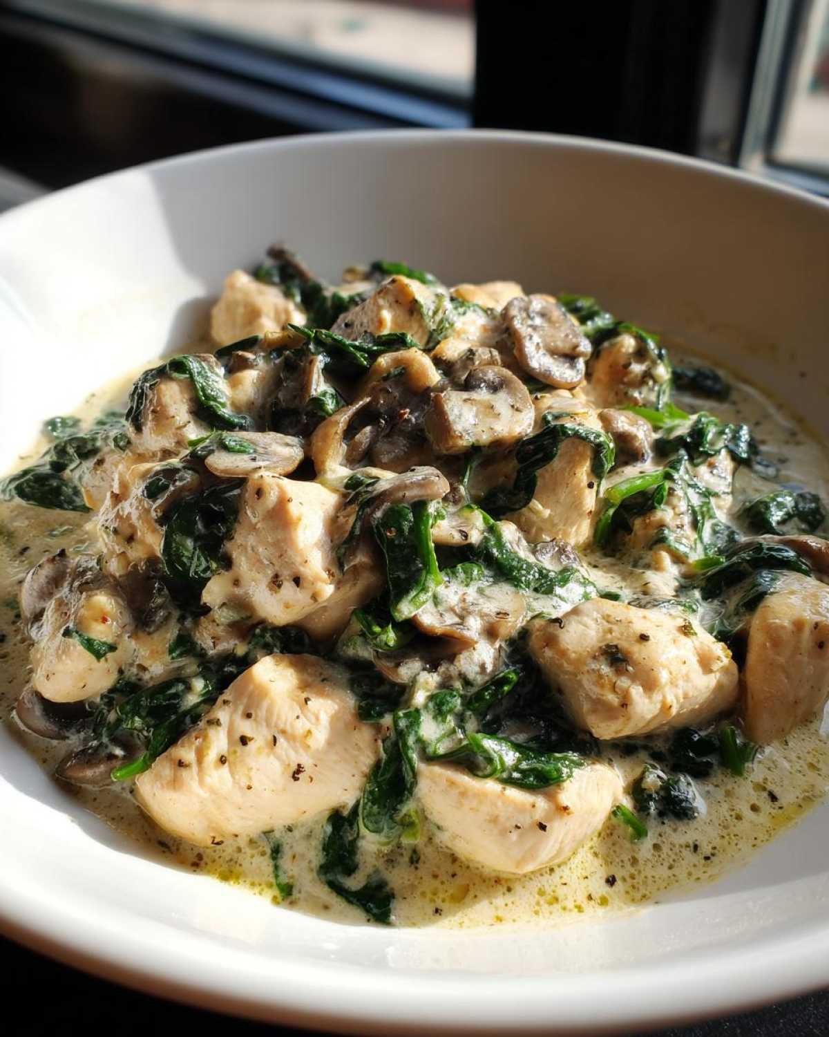 Close-up of tender chicken pieces, sautéed mushrooms, and wilted spinach in a rich, creamy sauce: Creamy Mushroom and Spinach Chicken Skillet.