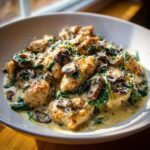 Close-up of seared chicken pieces coated in a rich, creamy mushroom and spinach sauce, topped with Parmesan cheese.