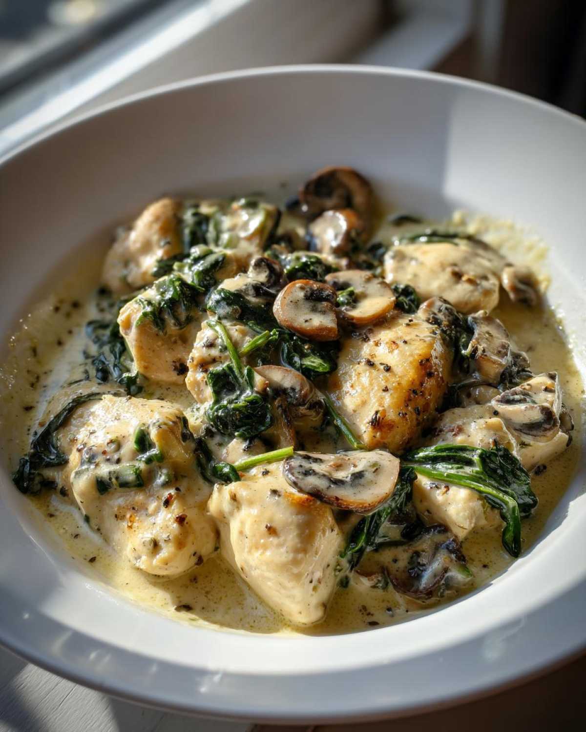 Close-up of pieces of chicken covered in a creamy sauce with sautéed mushrooms and spinach, part of the Creamy Mushroom and Spinach Chicken Skillet.