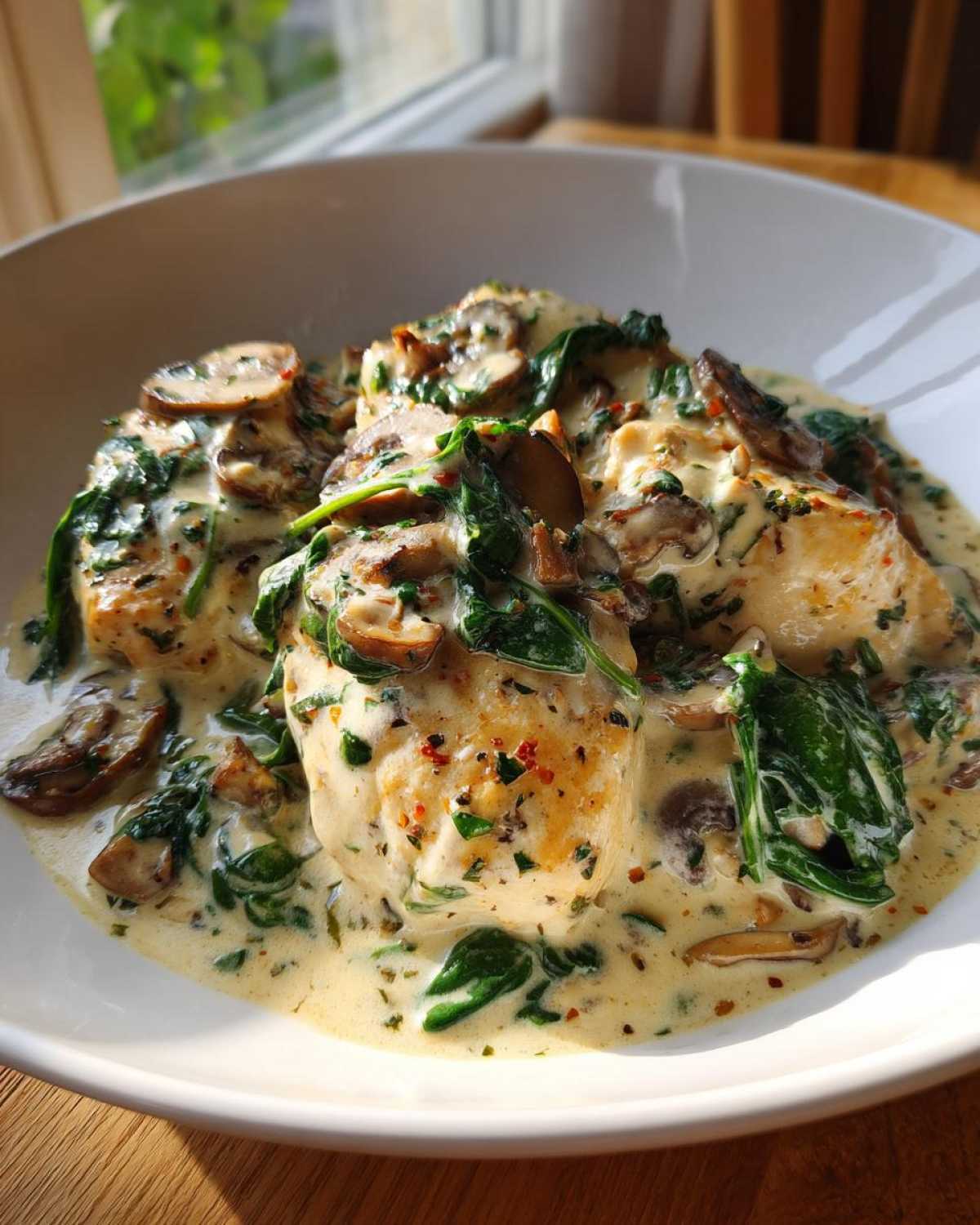 Close-up of chicken breasts smothered in a rich, creamy mushroom and spinach sauce in a white bowl.