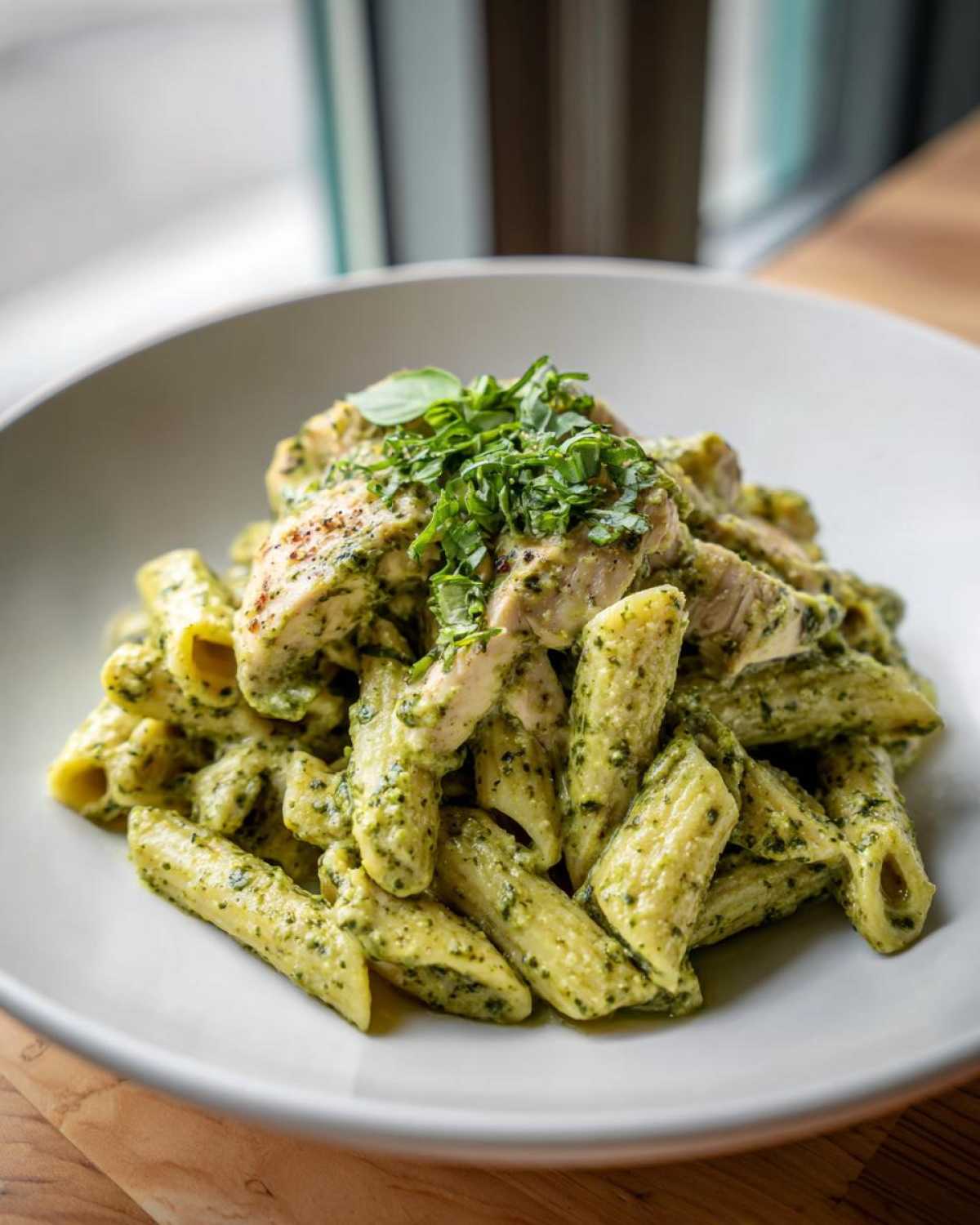 A bowl of creamy pesto chicken pasta with penne, topped with sliced chicken and fresh basil.