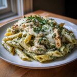 A plate of Creamy Pesto Chicken Pasta with Mozzarella, topped with melted cheese and fresh herbs.