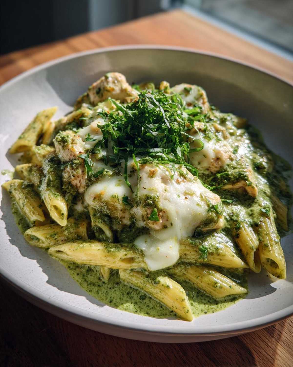A bowl of Creamy Pesto Chicken Pasta with Mozzarella, featuring penne pasta coated in green pesto sauce and topped with melted cheese and fresh herbs.