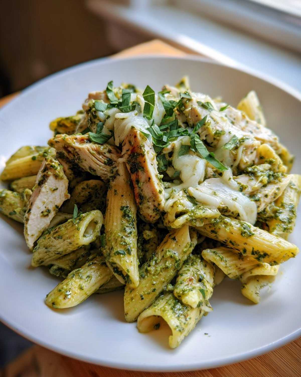Close-up of a white bowl filled with Creamy Pesto Chicken Pasta with Mozzarella, topped with fresh basil.