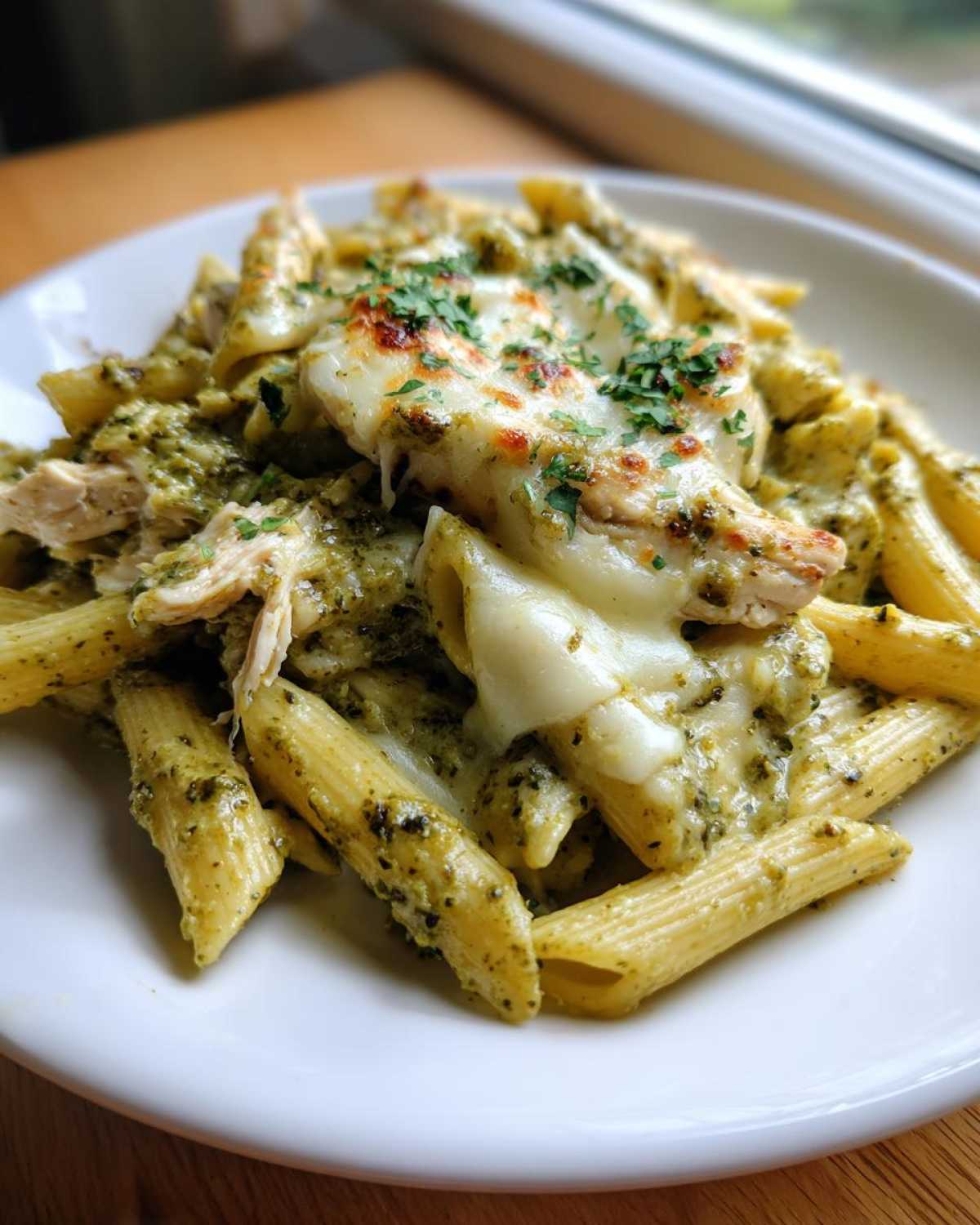 A close-up of Creamy Pesto Chicken Pasta with Mozzarella, featuring penne pasta coated in green pesto sauce and topped with melted cheese.