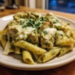 A plate of Creamy Pesto Chicken Pasta with Mozzarella, featuring penne pasta, chicken chunks, melted cheese, and fresh parsley.